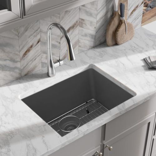 Elkay Quartz Classic Graphite 25in x 18in Undermount Single Bowl Kitchen Sink Kit with Rear Center Drain, Bottom Grid, Strainer, and Cleaning Kit - ELGU2522GT0C