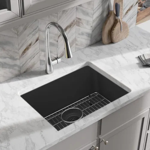 Elkay Quartz Classic Matte Black 25in x 18in Undermount Single Bowl Kitchen Sink Kit with Rear Center Drain, Bottom Grid, Strainer, and Cleaning Kit - ELGU2522MB0C