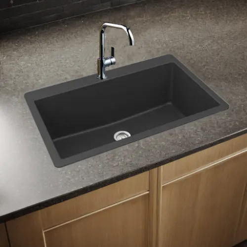 Elkay Quartz Classic Matte Black 33in x 20-7/8in x 9-7/16in Drop-in with Rear Center Drain, Single Bowl Sink - ELGR13322MB0