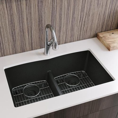 Elkay Quartz Classic Matte Black Equal Double-Bowl Undermount Sink Kit, 33" x 18-1/2" x 9-1/2" - ELGU3322MB0C