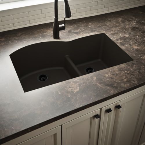 Elkay Quartz Luxe Obsidian 60/40 Double Bowl Sink, 33in x 22in Undermount Kitchen Sink with Aqua Divide and Rear Center Drain - ELXHU3322RDN0