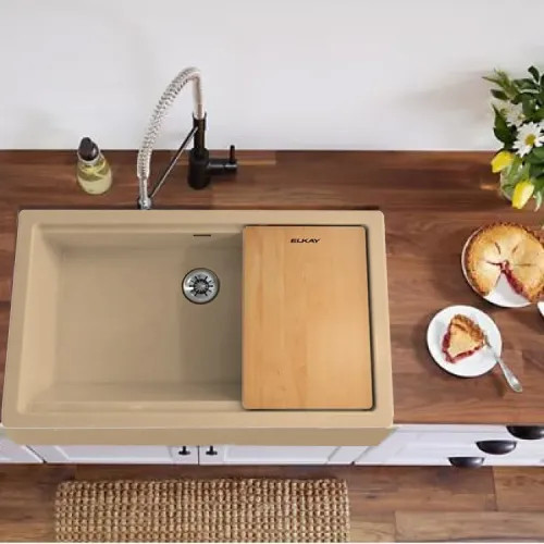 Elkay Quartz Luxe Sandstone 36in x 22in x 9in Single Bowl Farmhouse Workstation Kitchen Sink with Cutting Board, Drains, Maintenance Kit, Rear Center Drain - ELXUFP362010SN0 