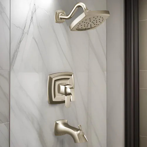 Moen Voss Tub/Shower Faucet with Two-Handle Flow Control and Temperature Adjust Valve Trim, Lever Handles, M-Core 4, Thermostatic Cartridge, Polished Nickel - UT4693EPNL