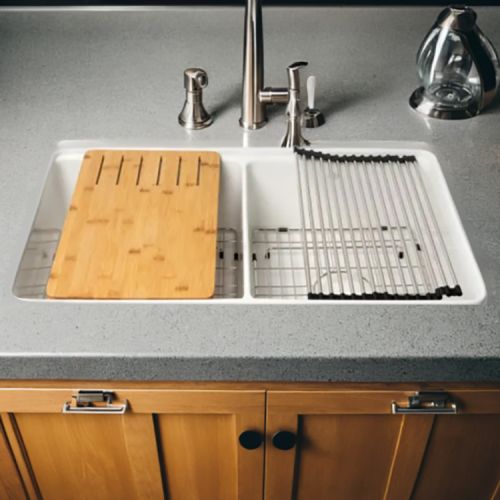 ALFI White Fireclay Workstation, 33in x 20in Step Rim Double Bowl Kitchen Sink With Center Drain - ABFS3320D-W