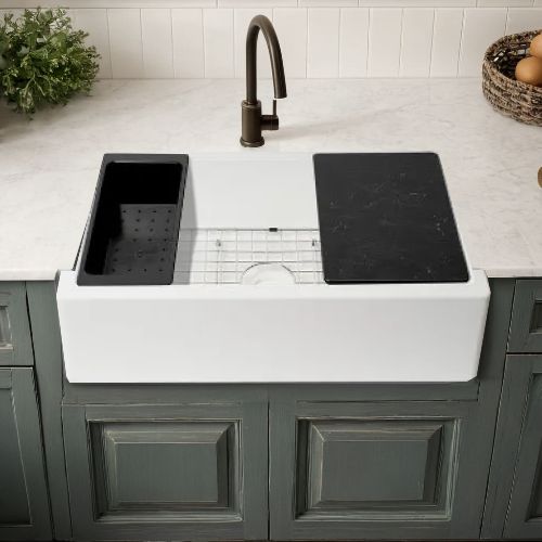 ALFI White Granite Composite Workstation, 33in x 20-1/2in Drop-In with Center Drain Single Bowl Sink With Cutting Board, Colander, and Sink Grid - AB33FARM-W