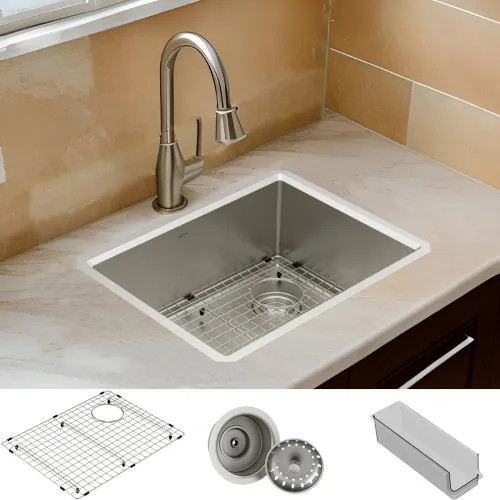 Moen Luxe Chef 27" Single Bowl Undermount Workstation Kitchen Sink Kit w/ Sink Grid, Basket Strainer/Drain Assembly, Storage Bin, Stainless Steel - GS161600R