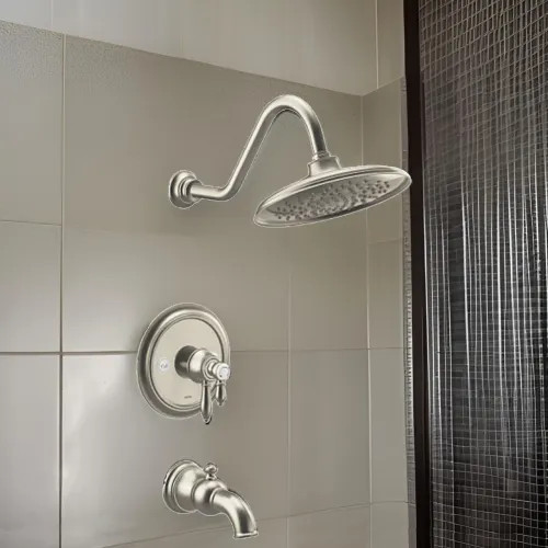 Moen Weymouth Tub/Shower Faucet with Two-Handle Flow Control and Temperature Adjust Valve Trim, Lever Handles, M-Core 4, Thermostatic Cartridge, Brushed Nickel- UTS43103EPBN
