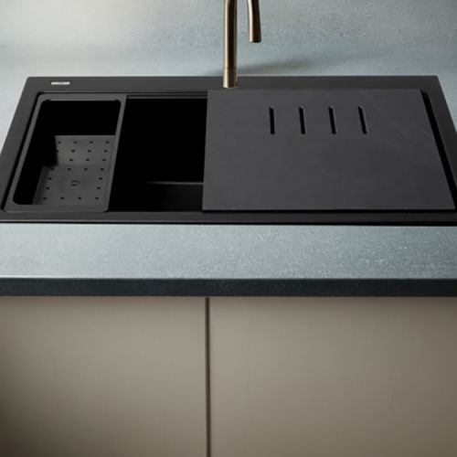ALFI Black Granite Composite Workstation, 33in Drop In With Center Drain, Step Rim Single Bowl Drop In Sink With Cutting Board, Colander, and Roll Mat - AB3418SBDI-BLA