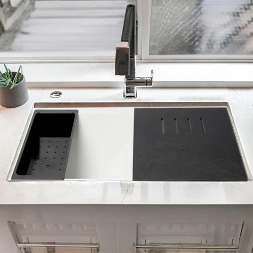 ALFI White Granite Composite Workstation, 33in Undermount With Step Offset Drain, Rim Double Bowl Sink With Cutting Board, Colander, and Sink Grid - AB3418DBUM-W