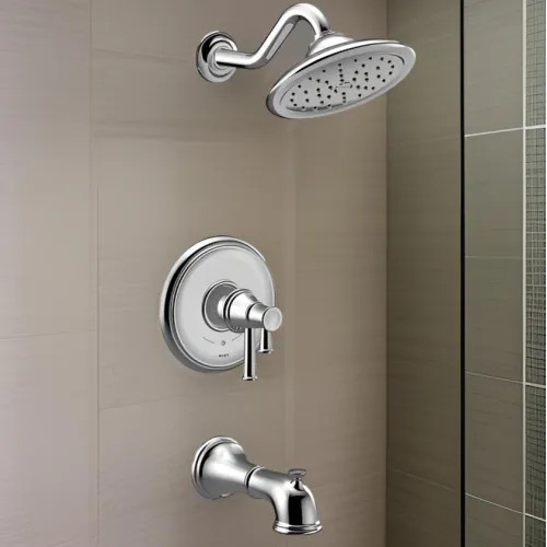 Moen Belfield Tub/Shower Faucet with Two-Handle Flow Control and Temperature Adjust Valve Trim, Lever Handles, M-Core 4, Thermostatic Cartridge, Brushed Nickel - UT4313EPBN