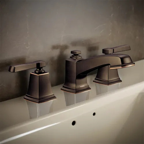 Moen Boardwalk Two Handle Low Arc Widespread Lavatory Bathroom Faucet with M-PACT Valve System, ADA, 1.2 GPM, Bronze Mediterranean - TV6220BRB