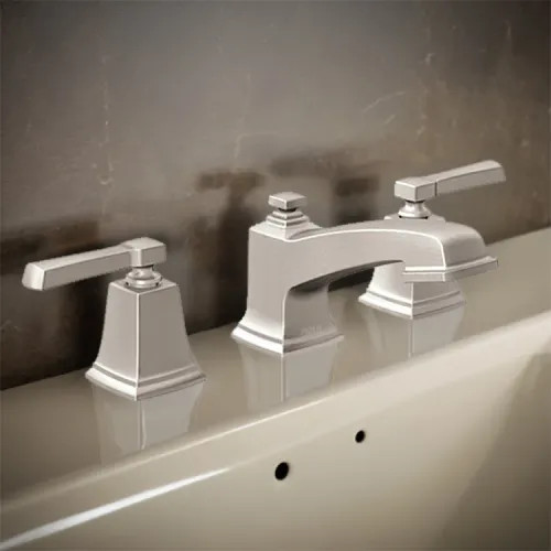 Moen Boardwalk Two Handle Low Arc Widespread Lavatory Bathroom Faucet with M-PACT Valve System, ADA, 1.2 GPM, Brush Nickel - TV6220SRN