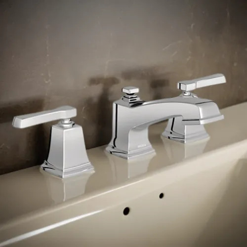 Moen Boardwalk Two Handle Low Arc Widespread Lavatory Bathroom Faucet with M-PACT Valve System, ADA, 1.2 GPM, Chrome - TV6220