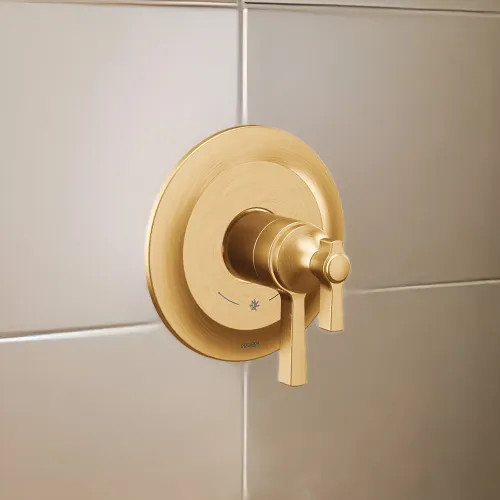 Moen Flara Two-Handle Valve Only Trim with Flow Control and Temperature Adjust, Lever Handle,  M-Core 4, Thermostatic Cartridge, Brushed Gold - UTS4910BG