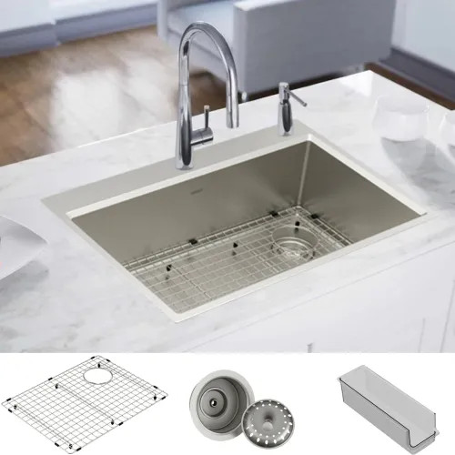 Moen Luxe Chef 33" Single Bowl Dual-Mount Workstation 2-Hole Kitchen Sink Kit w/ Sink Grid, Basket Strainer/Drain Assembly, Storage Bin, Stainless Steel - GS161202R