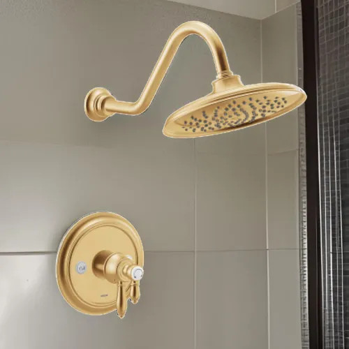 Moen Weymouth 9" Eco-Performance Rainshower Faucet, Lever Handle, Two Function, M-Core 4, Thermostatic Cartridge, 1.75 GPM, Brushed Gold - UTS43102EPBG
