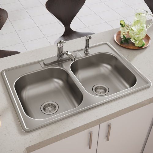 Elkay D233224 Dayton 33" x 22" x 6-9/16" Equal Double Bowl Drop-in Kitchen Sink, 4 Holes, 22-Gauge Stainless
