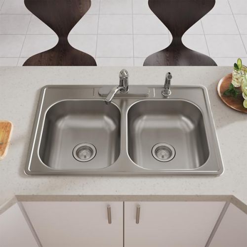 Elkay D233214 Dayton 33" x 21-1/4" x 6-9/16" Equal Double Bowl Drop-in Kitchen Sink, 4 Holes, 22-Gauge Stainless