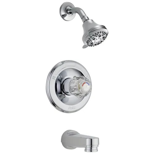 Delta Classic Monitor 13 Series Single-Handle Tub/Shower Faucet with 5-Setting Showerhead, Pull-Down Diverter Spout, 1.75 GPM, Clear Knob Handle, Chrome - T13422-PD