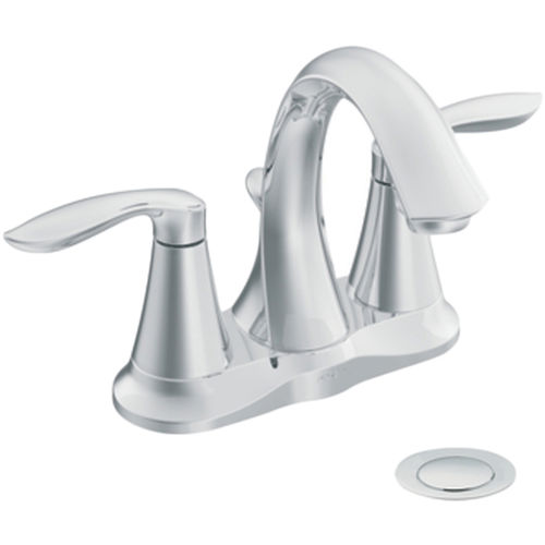Moen Eva Two-Handle High Arc Centerset Chrome Bathroom Faucet with Metal Pop-Up Drain, 1.2 GPM, Lever Handles, WaterSense, ADA - 6410