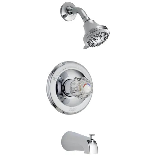 Delta Classic Monitor 13 Series Single-Handle Tub/Shower Faucet with 5-Setting Showerhead, Touch-Clean, 1.75 GPM, Clear Knob Handle, Chrome - T13422
