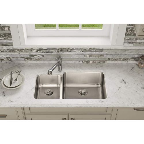 Elkay ELUH3520L Lustertone Classic 35-1/4" x 20-1/2" x 9-7/8" Offset 40/60 Double Bowl Undermount Sink, Stainless