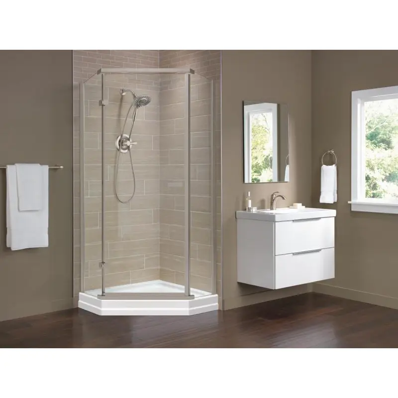 38 in. x 72 in. Semi-Frameless Pivot Door in Stainless with 38 in. x 38 in. Neo Angle Corner Shower Base in White