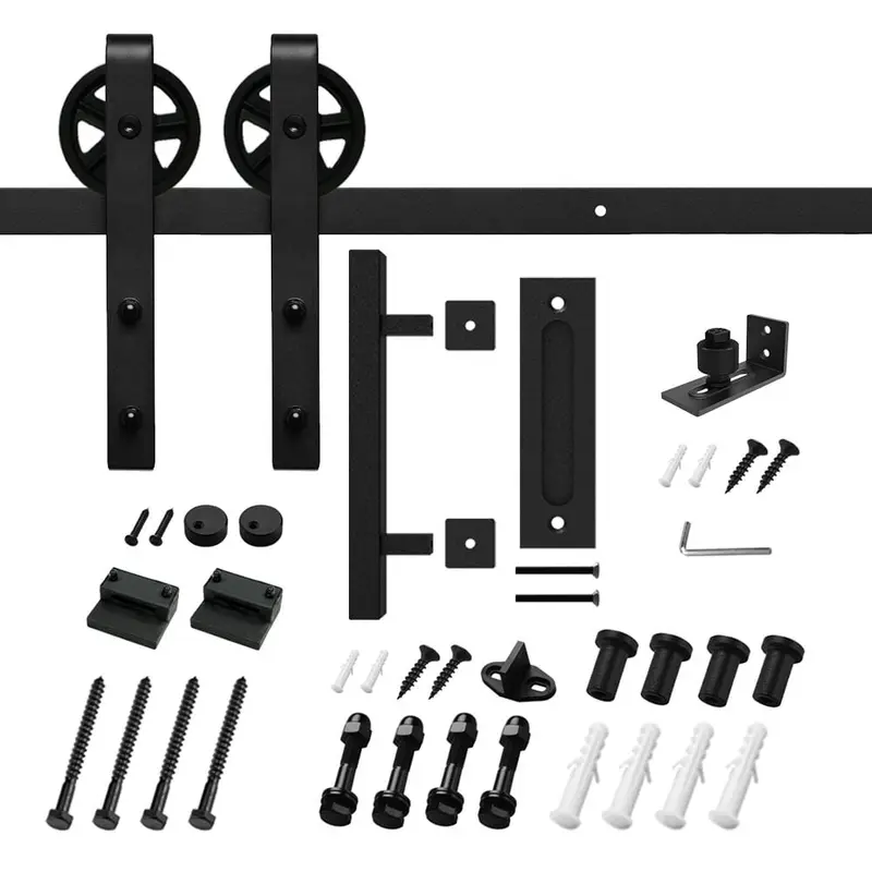 5 ft./60 in. Black Steel Bent Strap Sliding Barn Door Track and Hardware Kit with 12 in. Square Pull and Flush Handle