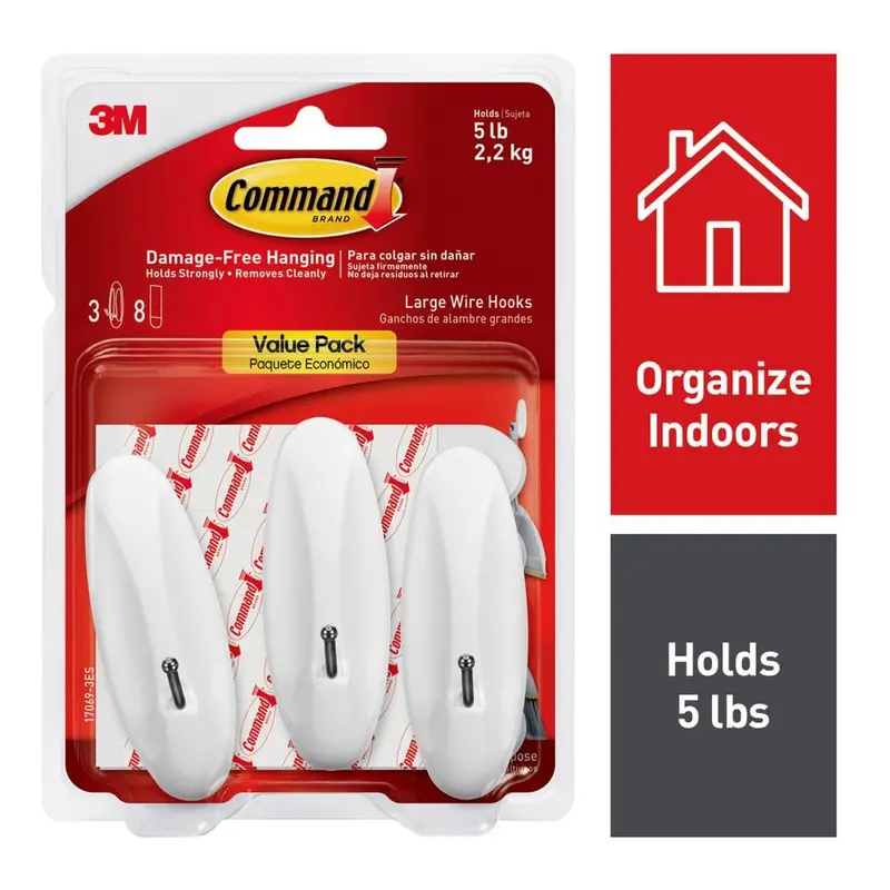 5 lbs. 8-Adhesive Strips Large White Wire Hook (3-Hooks)