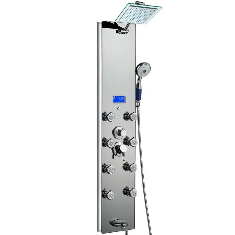 52 in. 8-Jet Shower Panel System in Mirror Silver Tempered Glass with Rainfall Shower Head LED Display HandshowerBlack / 36