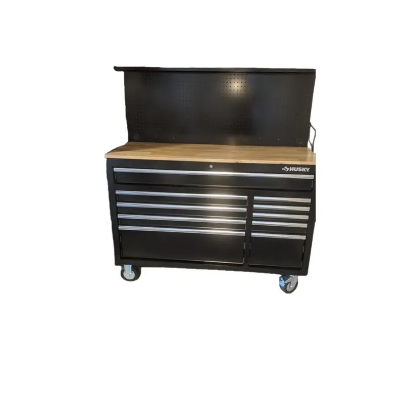 52 in. W 9-Drawer, Deep Tool Chest Mobile Workbench in Gloss Black with Pegboard
