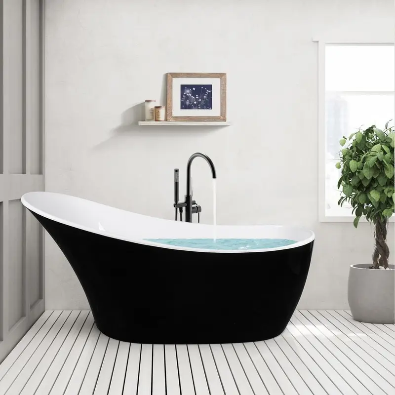 63 in. Glossy Black Acrylic Tub for Bathtub with Tub Filler combo - Modern Flat Bottom Stand Alone Tub