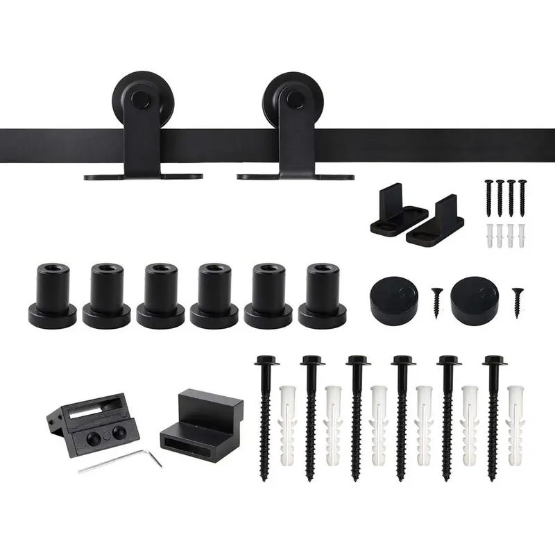 7.5 ft./90 in. Top Mount Sliding Barn Door Hardware Track Kit for Single Door with Non-Routed Floor Guide Frosted Black