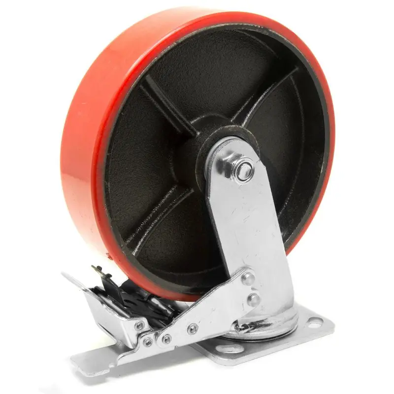 8 in. 1100 lbs. Capacity Polyurethane Double-Bearing Cast Iron and Swivel Plate Caster with Brake10.75 / each