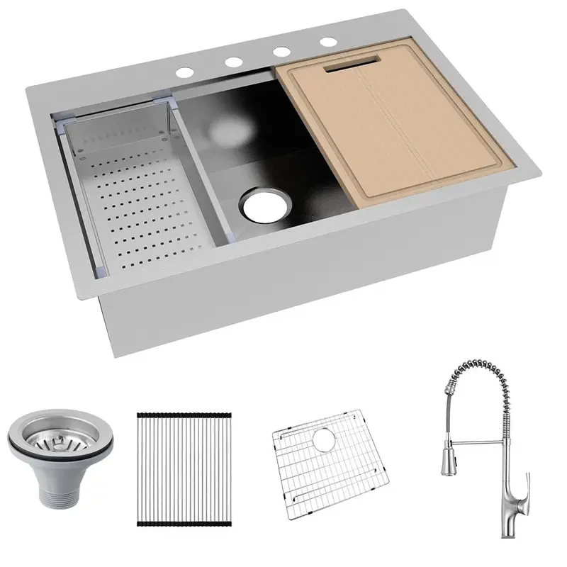 All-in-One Drop-In Stainless Steel 32 in. 4-Hole Single Bowl Kitchen Workstation Sink with Faucet and AccessoriesStainless Steel / Sink, Faucet, and Accessories / 60.4