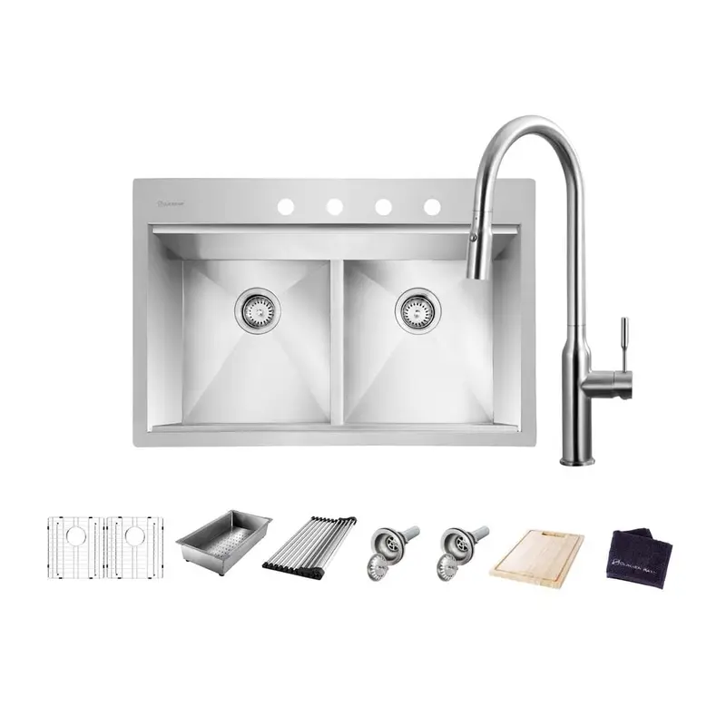 All-in-One Drop-In Stainless Steel 33 in. 4-Hole 50/50 Double Bowl Workstation Sink with Faucet and Accessories Kit50.4 / each