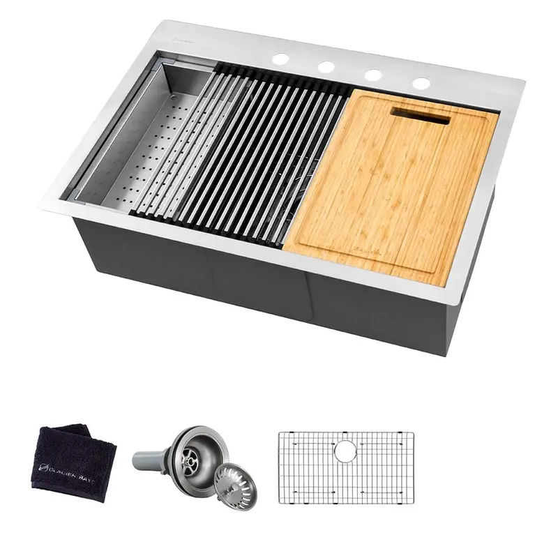 All-in-One Drop-In Stainless Steel 27 in. 4-Hole Single Bowl Kitchen Workstation Sink with Accessories KitStainless Steel / Sink and Accessories / 45.1