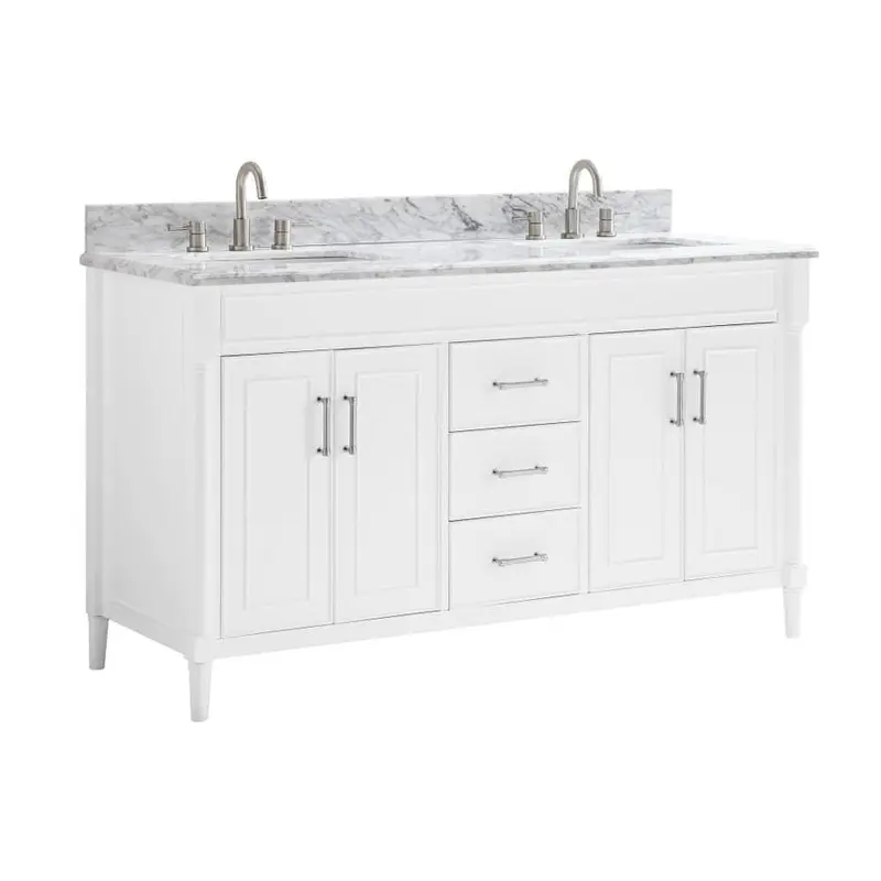 allen   roth Perrella 61-in White Double Sink Bathroom Vanity with Carrera White Natural Marble TopWhite