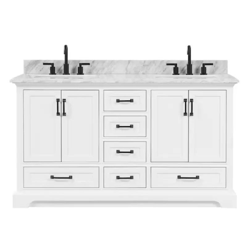 allen   roth St. John 60-in Carrara White Undermount Double Sink Bathroom Vanity with White Natural Marble Top