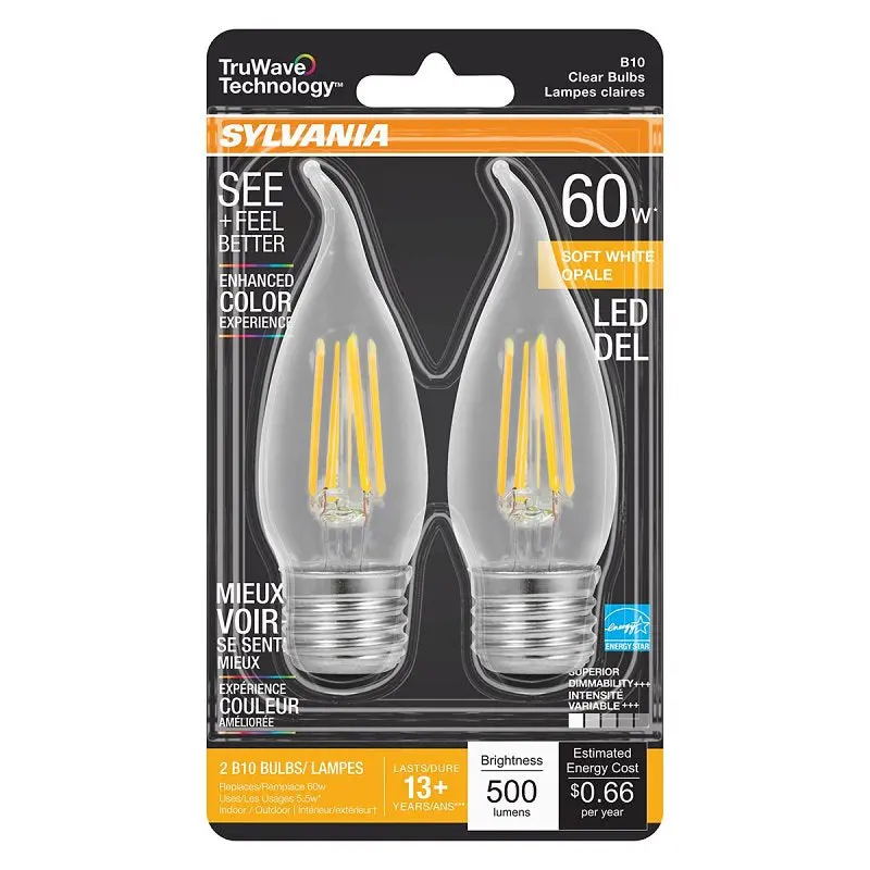 Sylvania 40758 Natural LED Bulb, Decorative, B10 Bent Tip Lamp, 60 W Equivalent, E26 Lamp Base, Dimmable, Clear