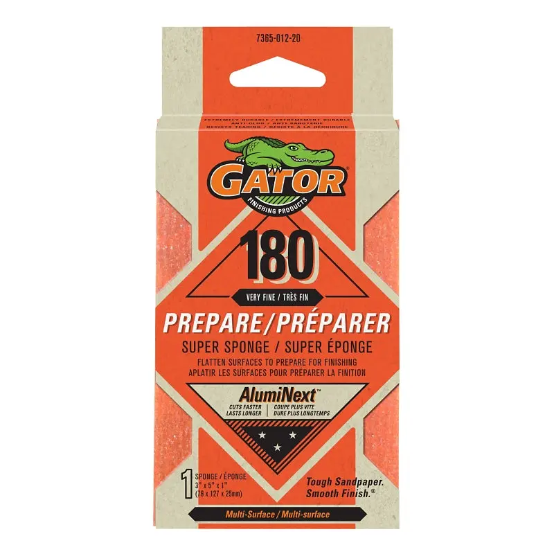 Gator 736501220 Sanding Sponge, 5 in L, 3 in W, 180 Grit, Aluminum Oxide Abrasive
