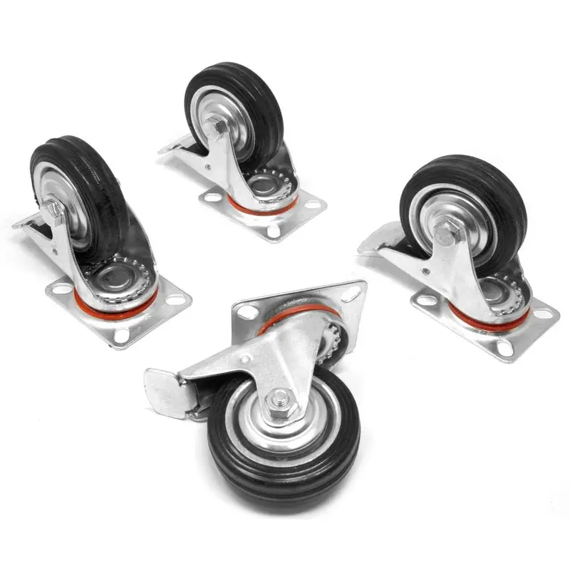 3 in. 120 lbs. Capacity Rubber Roller-Bearing Swivel Plate Caster with Brake (4-Pack)