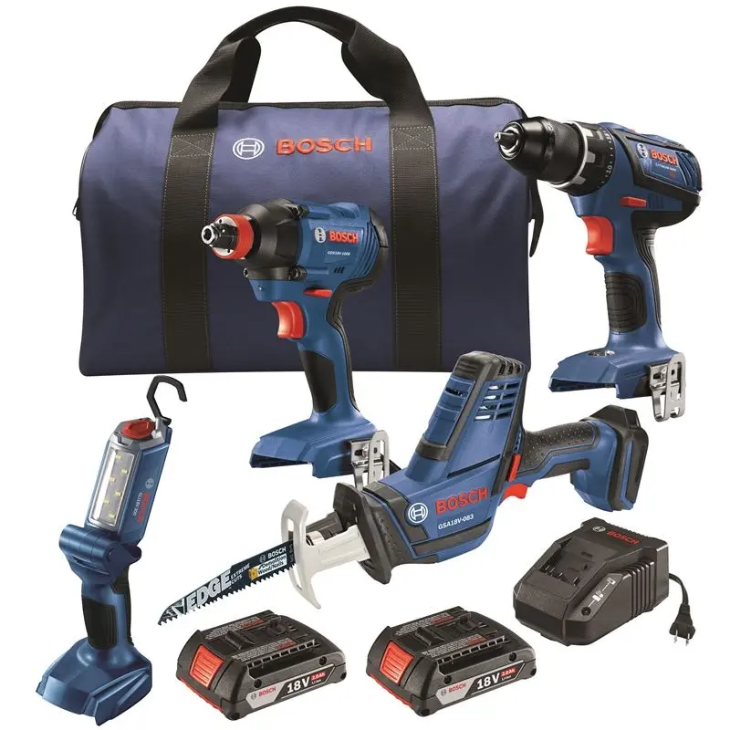 Bosch GXL18V-496B22 18 V 4-Tool Combo Kit with Compact Tough 1/2 In. Drill/Driver, 1/4 In. and 1/2 In. Two-In-One Bit/Socket Impact Driver, Compact Reciprocating Saw and LED Worklight