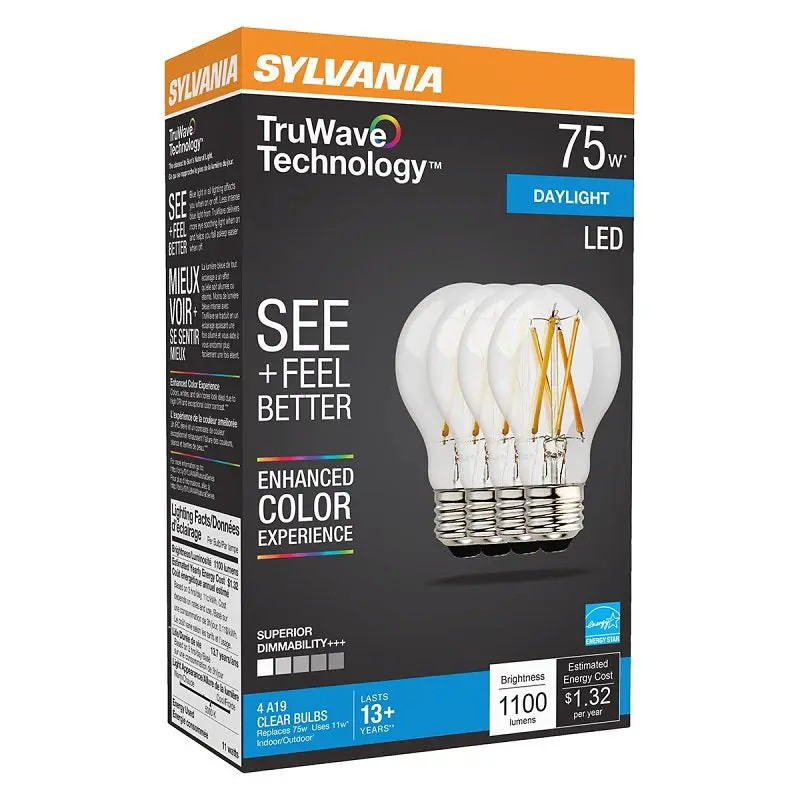 Sylvania 40803 Natural LED Bulb, General Purpose, A19 Lamp, 75 W Equivalent, E26 Lamp Base, Dimmable, Clear