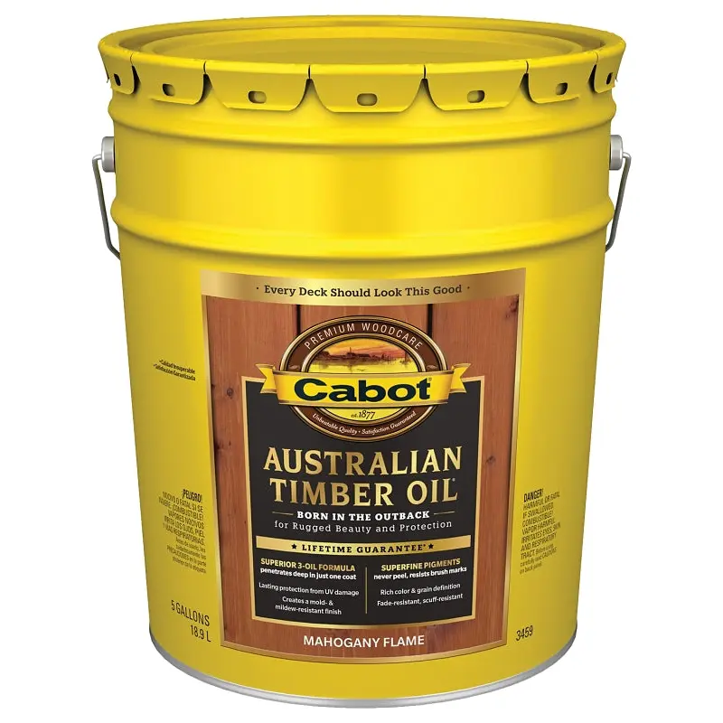 Cabot 140.0003459.008 Australian Timber Oil, Mahogany Flame, Liquid, 5 gal, Pail