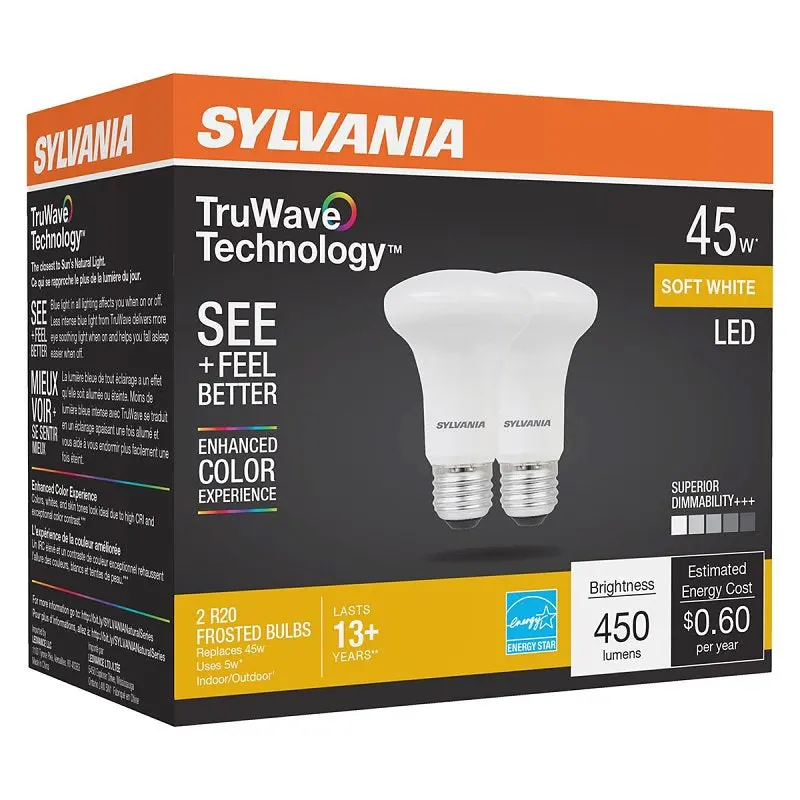 Sylvania 40788 Natural LED Bulb, Spotlight, R20 Lamp, 45 W Equivalent, E26 Lamp Base, Dimmable, Frosted