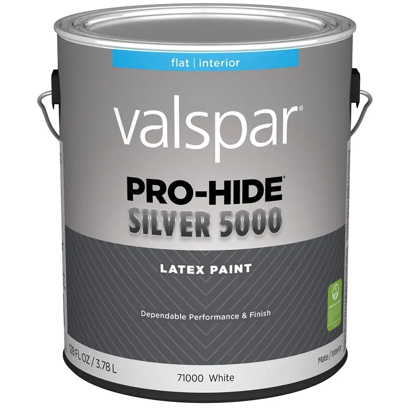 Valspar Pro-Hide Silver 5000 7100 028.0071000.007 Latex Paint, Water Base, Flat Sheen, White Base, 1 gal, Metal Can