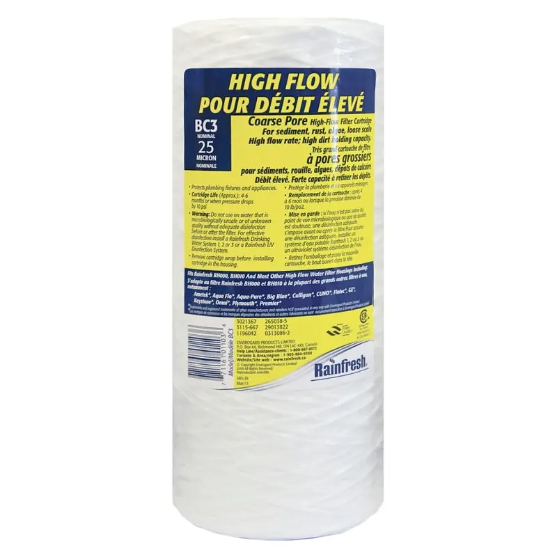 Rainfresh BC Series BC3 Filter Cartridge, 25 um Filter, Polypropylene Filter Media