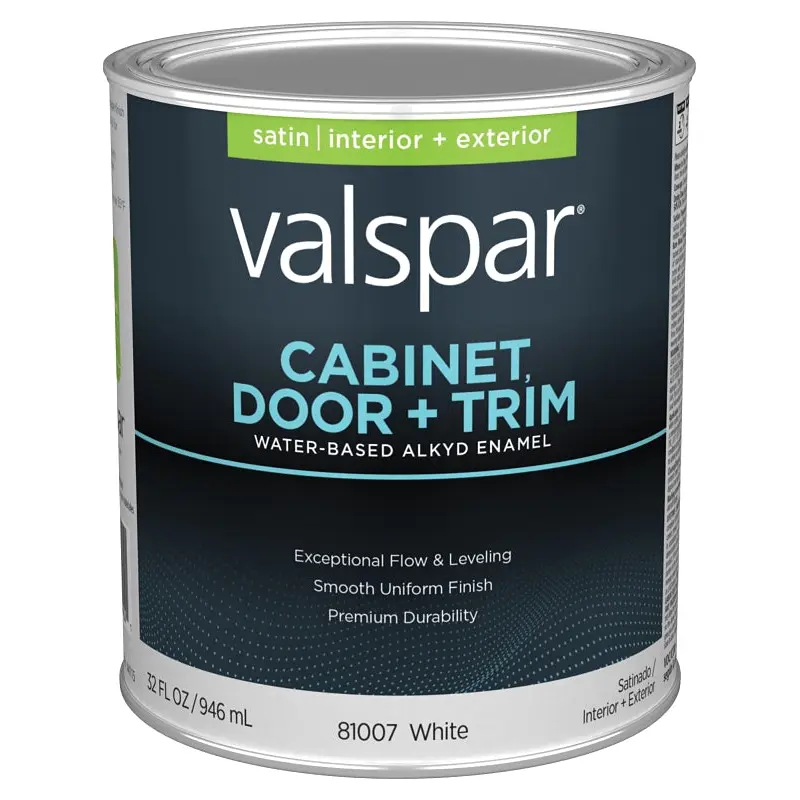 Valspar 8100 028.0081007.007 Cabinet, Door and Trim Paint Enamel, Water Base, Satin Sheen, White Base, 1 gal