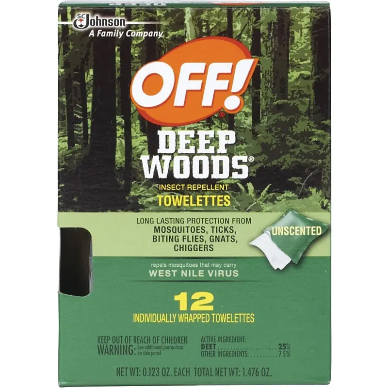 OFF! Deep Woods 54996 Insect Repellent Towelette, 12 CT Pack, Liquid, Clear/White, Alcohol